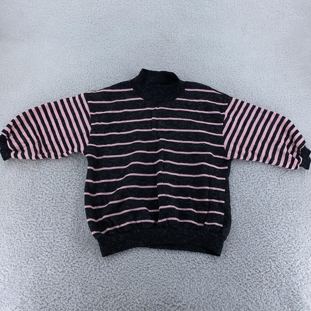 Vintage 80s Style Up Striped Mock Neck Sweater Womens CROP FIT Medium Black Pink